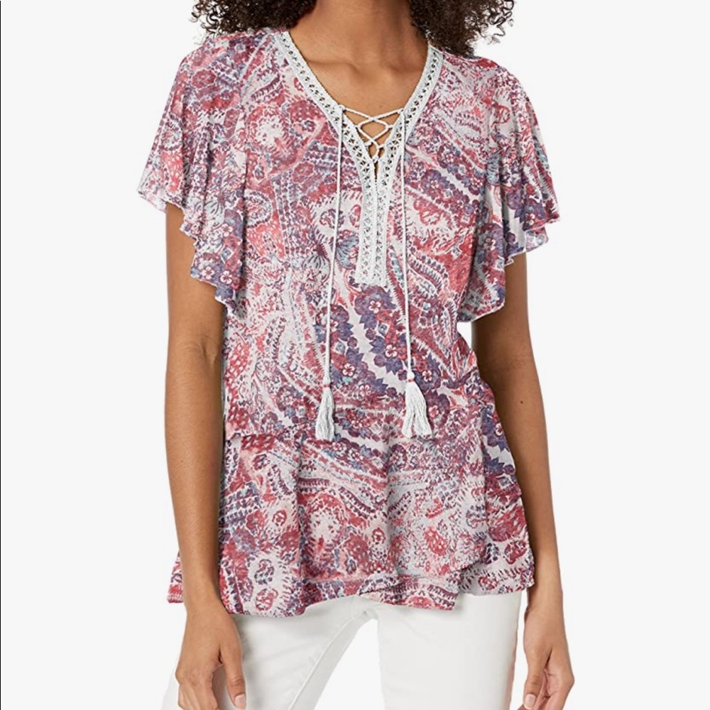 Vintage America Mariel Tassel Lace Up Knit Top